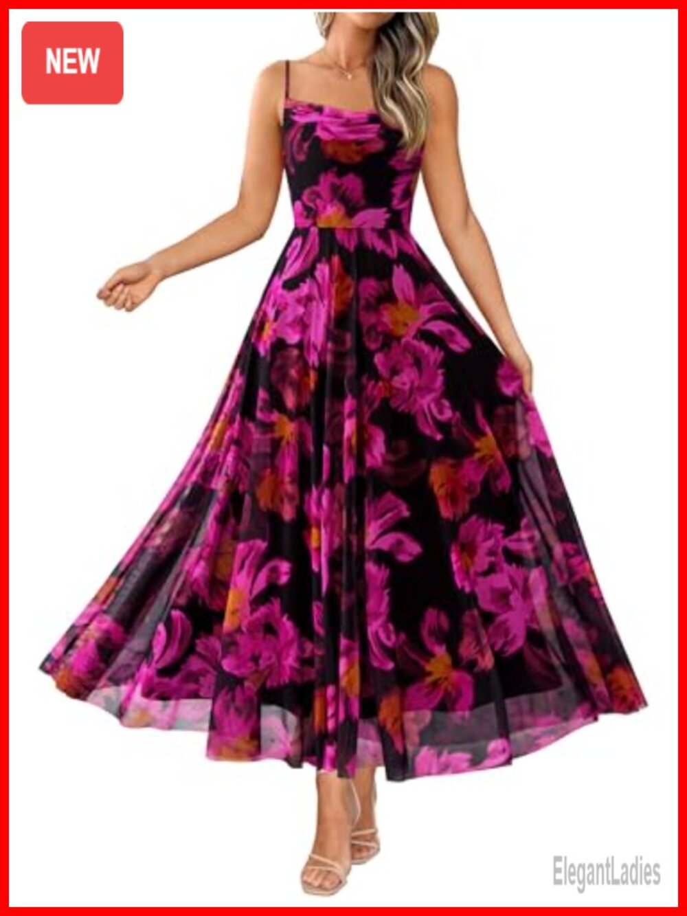 Floral Maxi Dress Cowl Neck Spaghetti Strap A-Line Summer Party